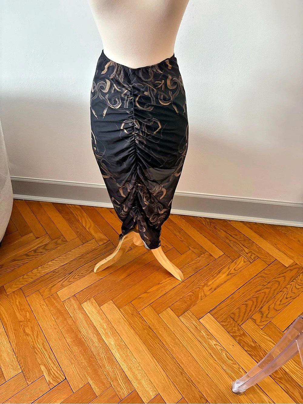 ALL SAINTS  Paisley Ruched Maxi Skirt in Black & Brown BEIGE  Like New